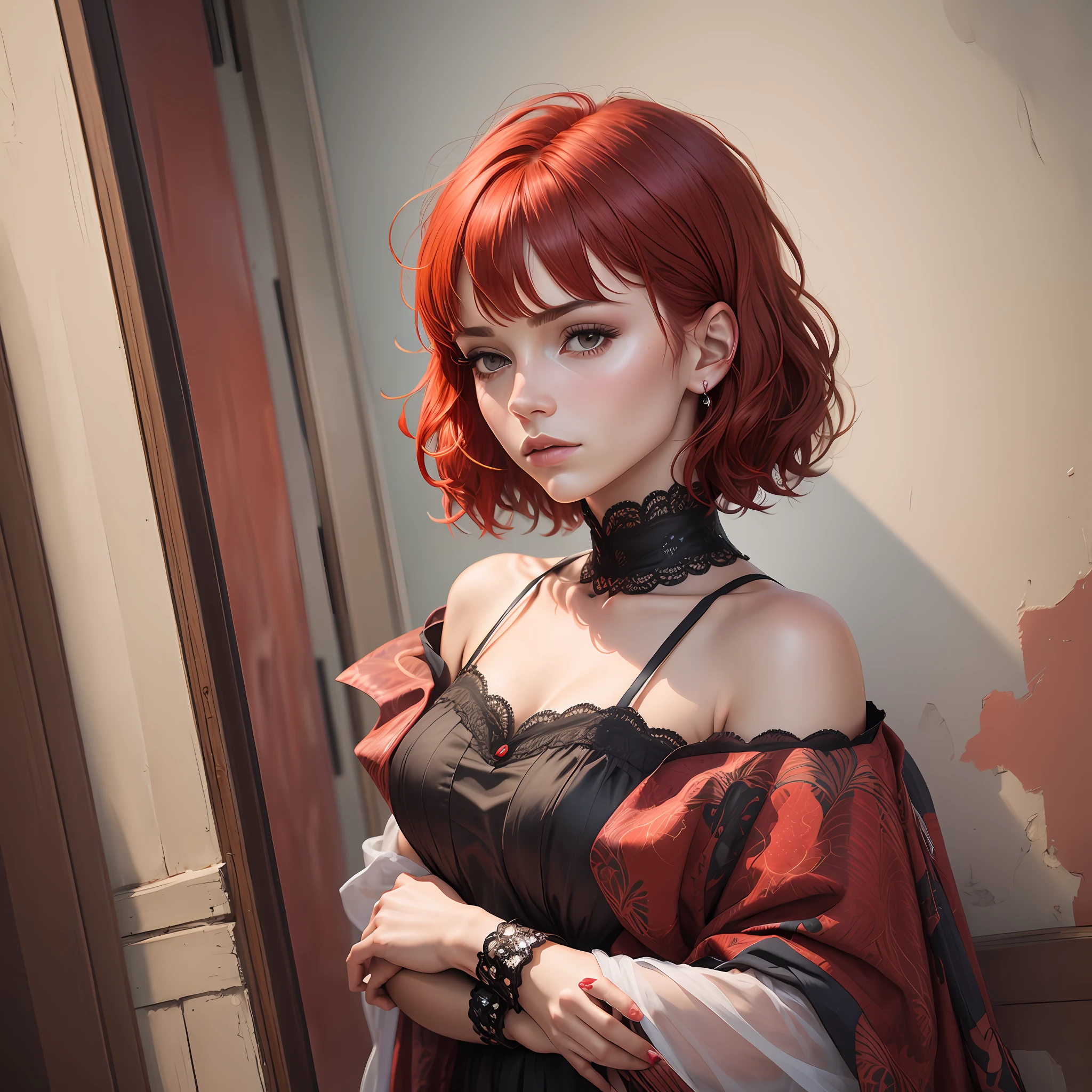 "(Work of art), superior quality, portrait of a beautiful sad woman with short red hair."