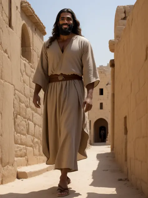 Masterpiece 8k, artistic reality, 8k wallpaper, historical Jesus, male carpenter, (highly tanned skin: 1.2), wavy shoulder-length hair, Palestinian, Jewish and Arabic features, brown eyes, smiling lips, long curly beard, wearing long loose linen simlah rob...