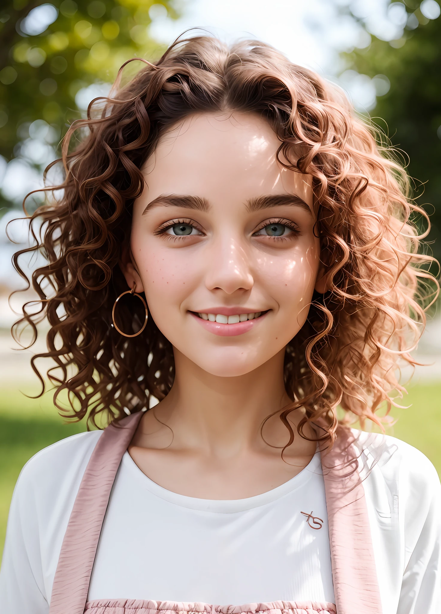 Face photo, white and detailed skin girl, side smile, slightly pink buxexa, long and slightly dark brown and curly hair, casual clothing