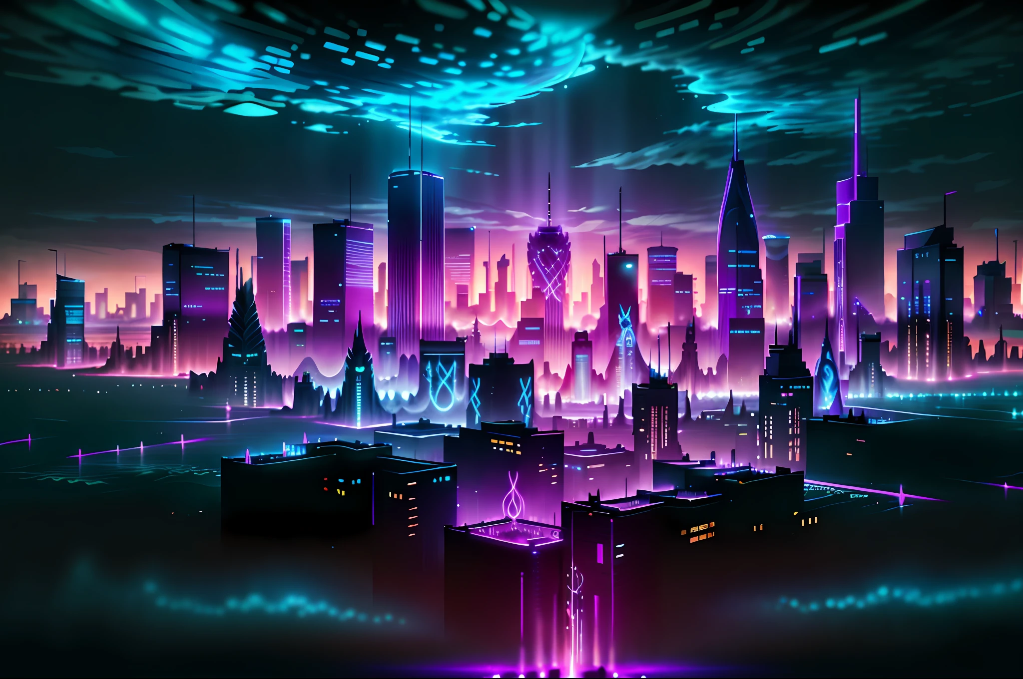 发光符文AI_紫色城市天际线