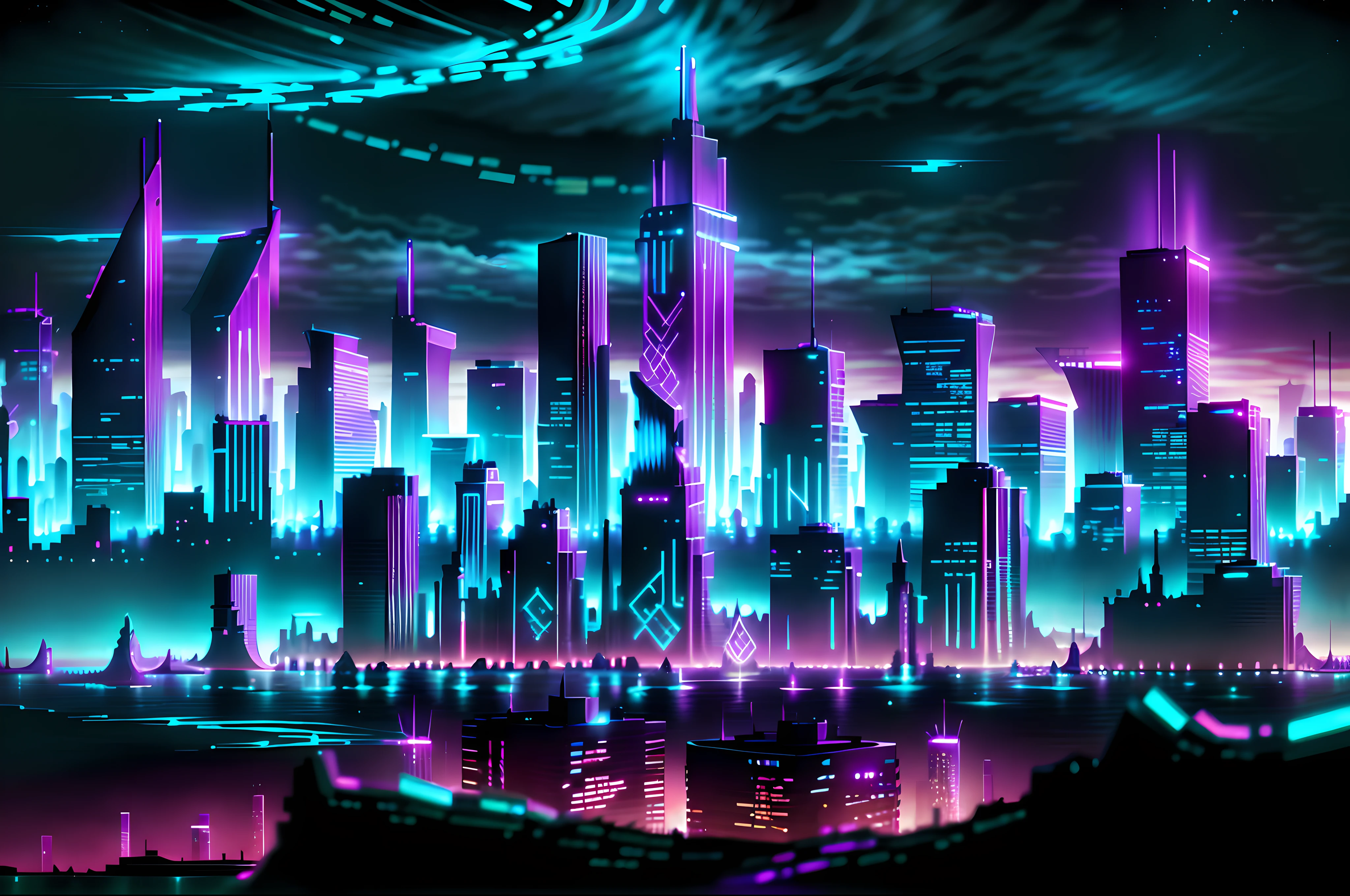 GlowingRunesAI_purple city skyline