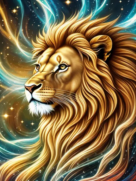 Shining lion, symbolizing Jesus the king of kings, energy, flowing hair, magic --auto --s2