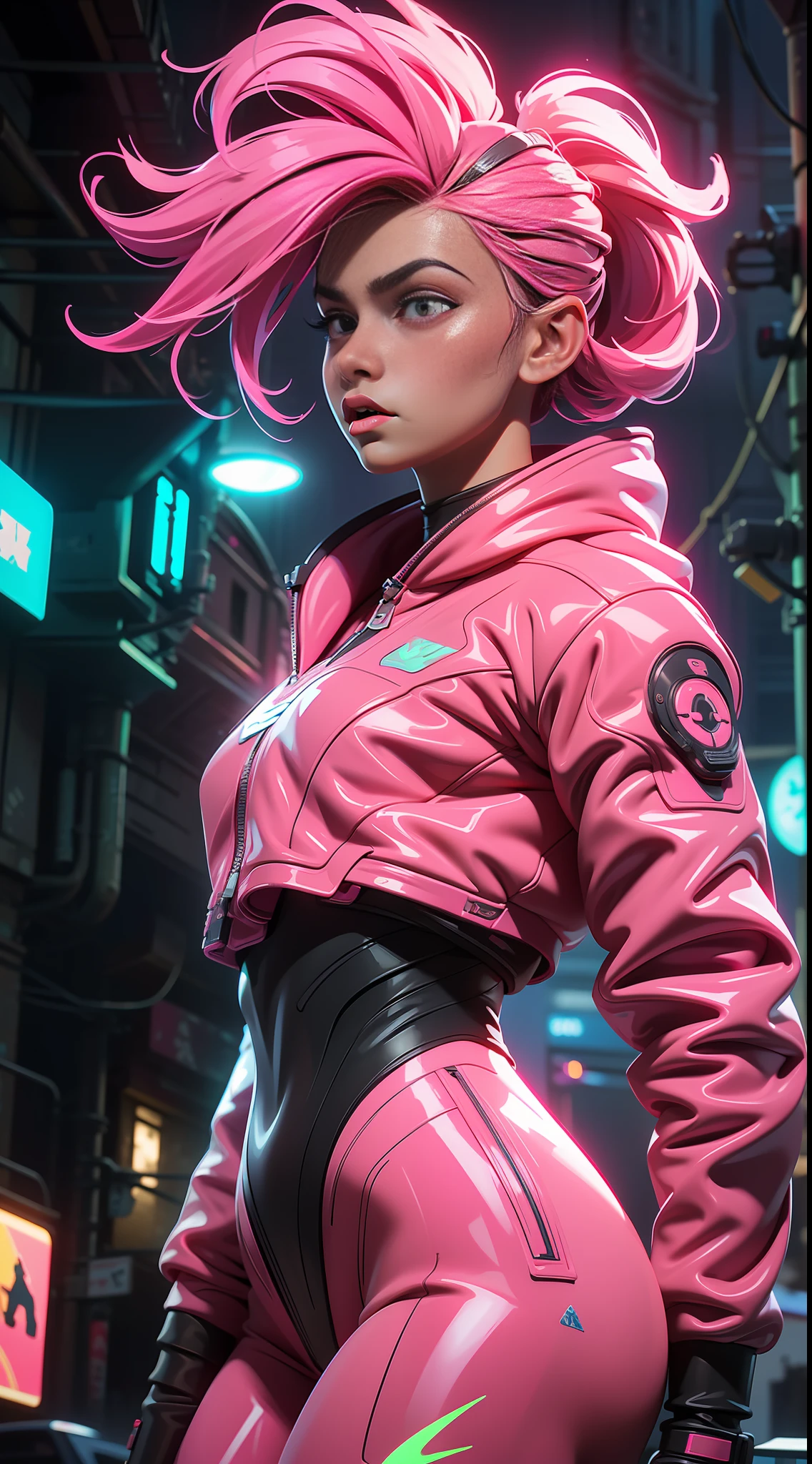 (best quality, masterpiece) scifi, futuristic, raw photo, 1girl with sexy laces clothes, (pink glossy hair) angry look, ultrasharp, (outline contourn) luminous paint, ultrasharp, particles, flares, neon Tokyo street background, many details in an amazing composition