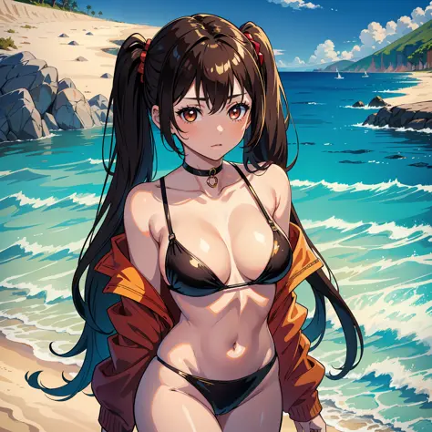 (masterpiece: 1.2, best quality), (finely detailed beautiful eyes: 1.2), a girl with twintail, brown eyes, in a black bikini with red details, beach, water, large breasts, only 1 girl, age 20, golden hair