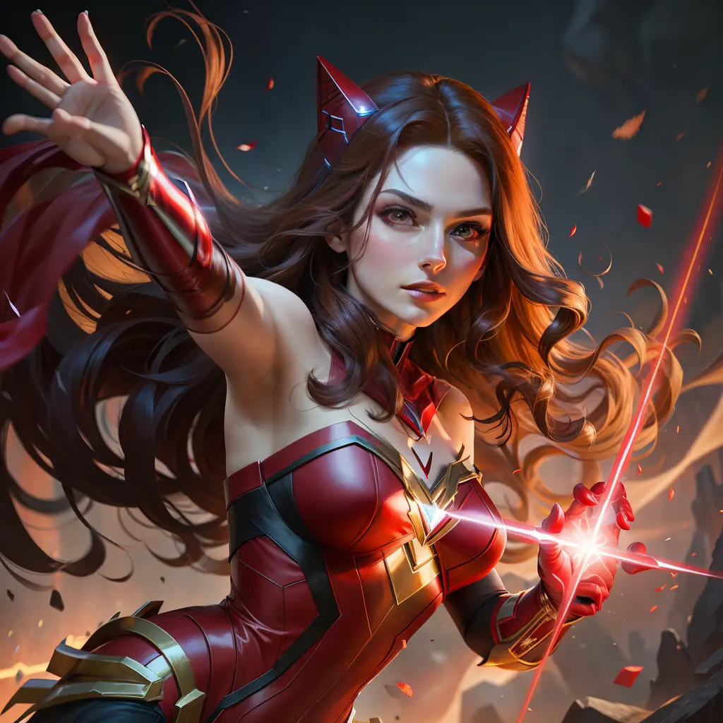Alone, masterpiece, best quality, half body of the Scarlet Witch, wonder, fighting posture, dynamic angle.