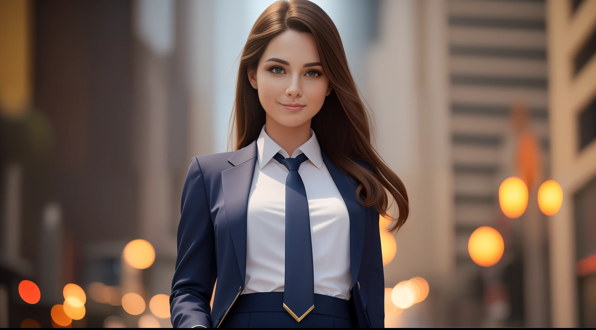 Top Quality, Masterpiece, Hi-Res, Girl 1 Person, Navy Blue Business Suit, Hair Ornaments, White Shirt, Navy Blue Tie, Jewelry, Beautiful Face, Beautiful Smile, upon_body, Tindall Effect, Depicted from the waist up, Brown Long Hair, Photorealistic, Dark, Dim Rim Lighting, Two-tone Lighting, (High Definition Skin: 1.2), 8K UHD, DSLR, soft lighting, high quality, volumetric lighting, candid, photography, high resolution, 4k, 8k, bokeh, --auto --s2