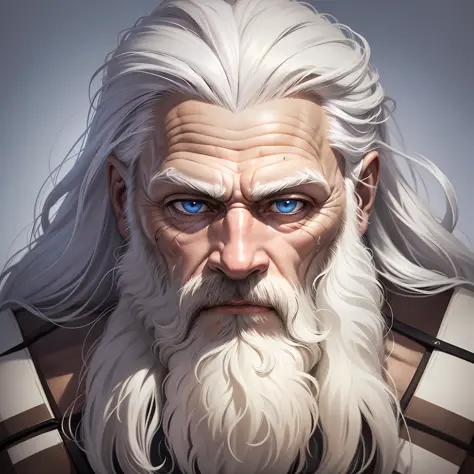 Photograph of the face of a muscular old man, Long beard ((white beard)), Long hair ((white hair)), scar on the eye. Blue eyes. Maximum quality, clear brown skin, wrinkles on the forehead. Detailed pores. Realism. Digital art.