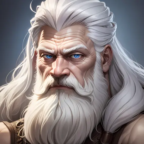 Photograph of the face of a muscular old man, Long beard ((white beard)), Long hair ((white hair)), scar on the eye. Blue eyes. Maximum quality, clear brown skin, wrinkles on the forehead. Detailed pores. Realism. Digital art.