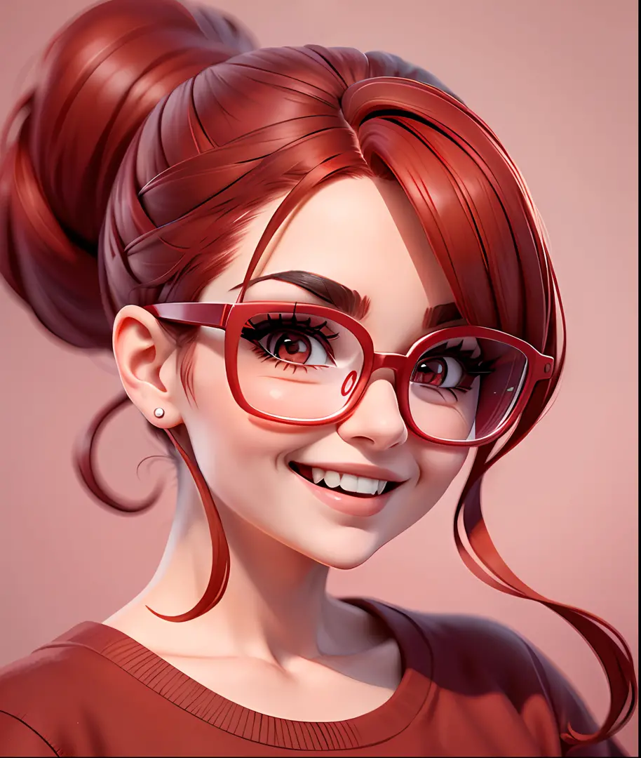Woman with hair up to the shoulders red with prescription glasses, (rounded face), smiling, big mouth, clean skin, dark eyes, big eyelashes, drawn mouth, red eyebrows, small nose, higher quality, high quality, face, solo, looking at the camera, close-up on...