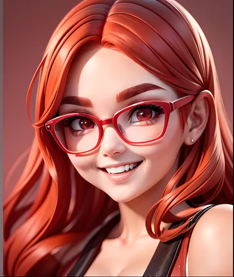 Woman with shoulder-length red hair with prescription glasses, (rounded face), smiling, big mouth, clean skin, dark eyes, big eyelashes, drawn mouth, red eyebrows, small nose, higher quality, high quality, face, solo, looking at the camera, close-up on fac...
