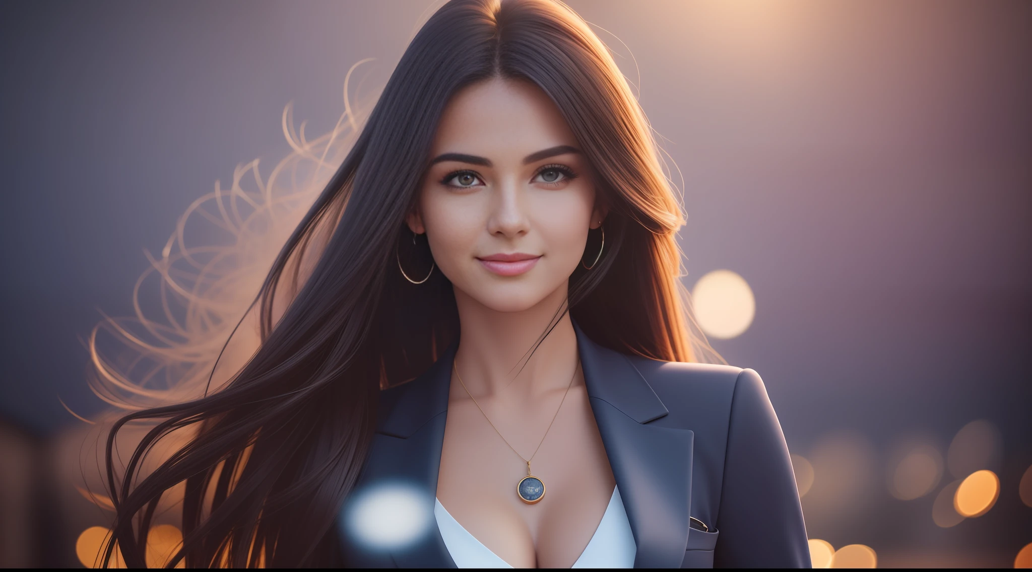 Top Quality, Masterpiece, High Resolution, Girl 1 Person, Navy Blue Business Suit, Hair Ornament, Necklace, Jewelry, Beautiful Face, upon_body, Beautiful Smile, Tyndale Effect, Depicted from the waist up, Long Brown Hair, Photorealistic, Pitch Black Night Scene, Rim Lighting, Two-tone Lighting, (High Definition Skin: 1.2), 8K UHD, DSLR, Soft Lighting, High Quality , volumetric lighting, candid, photography, high resolution, 4k, 8k, bokeh, --auto --s2