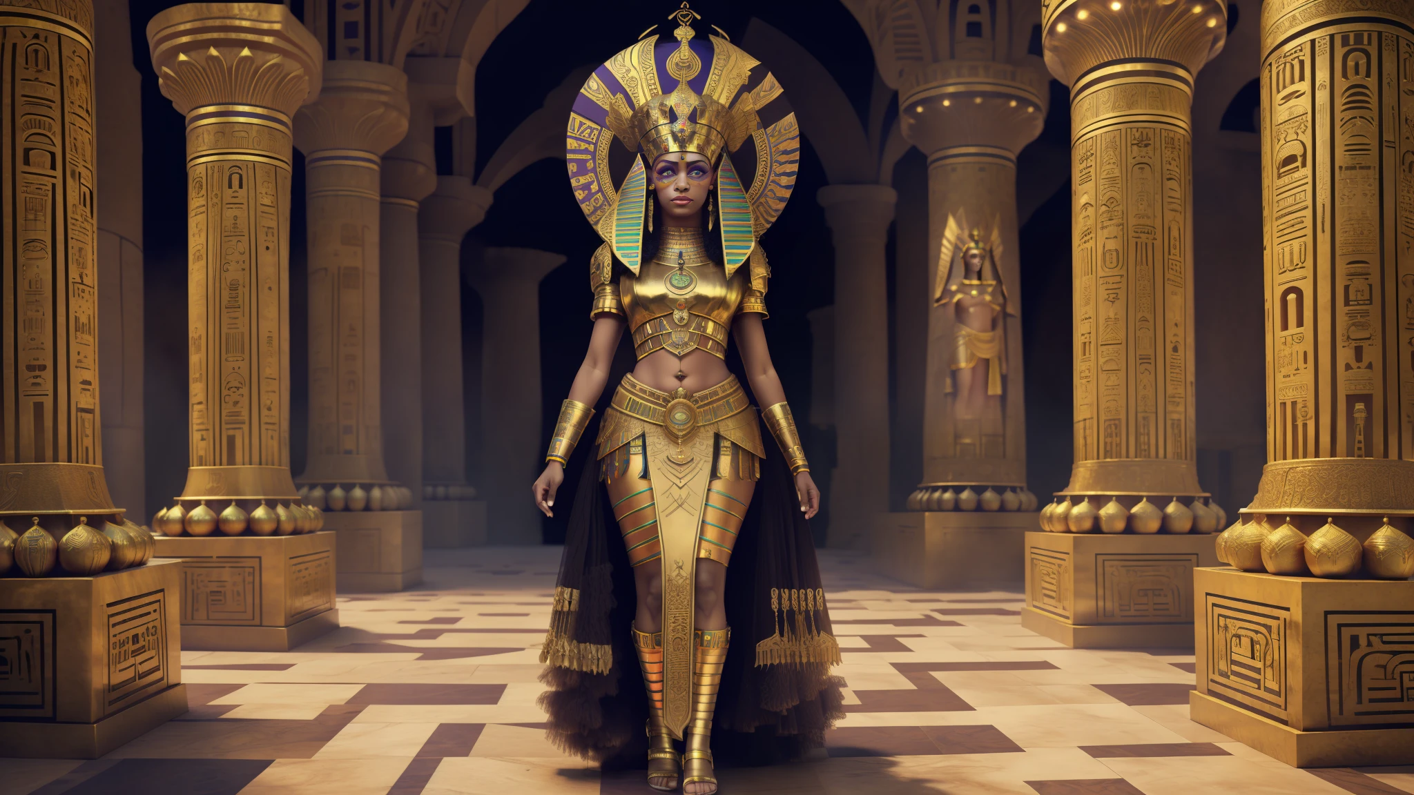 Reina afro cleopatra y corona egipcia, con el fondo del imperio egic, varios dioses egicipianos caminando detrás, Intrincado, habitación, onda luminosa, tiro de cuerpo completo, modelado 3D, Desenfoque de movimiento, hoja de sprites, colores autocromos, núcleo médico, iluminación dividida, 8 bits --auto --s2