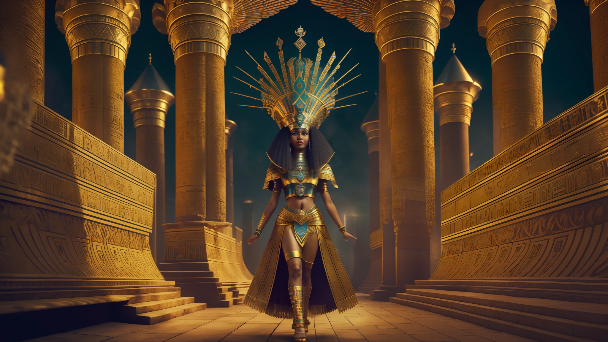 Afro queen cleopatra and egyptian crown, with the egic empire background several egicipian gods walking behind, intricate, Chav, Glowwave, full body shot, 3D modeling, Motion blur, sprite sheet, autochrome colors, Medicalcore, Split lighting, 8-bit --auto --s2