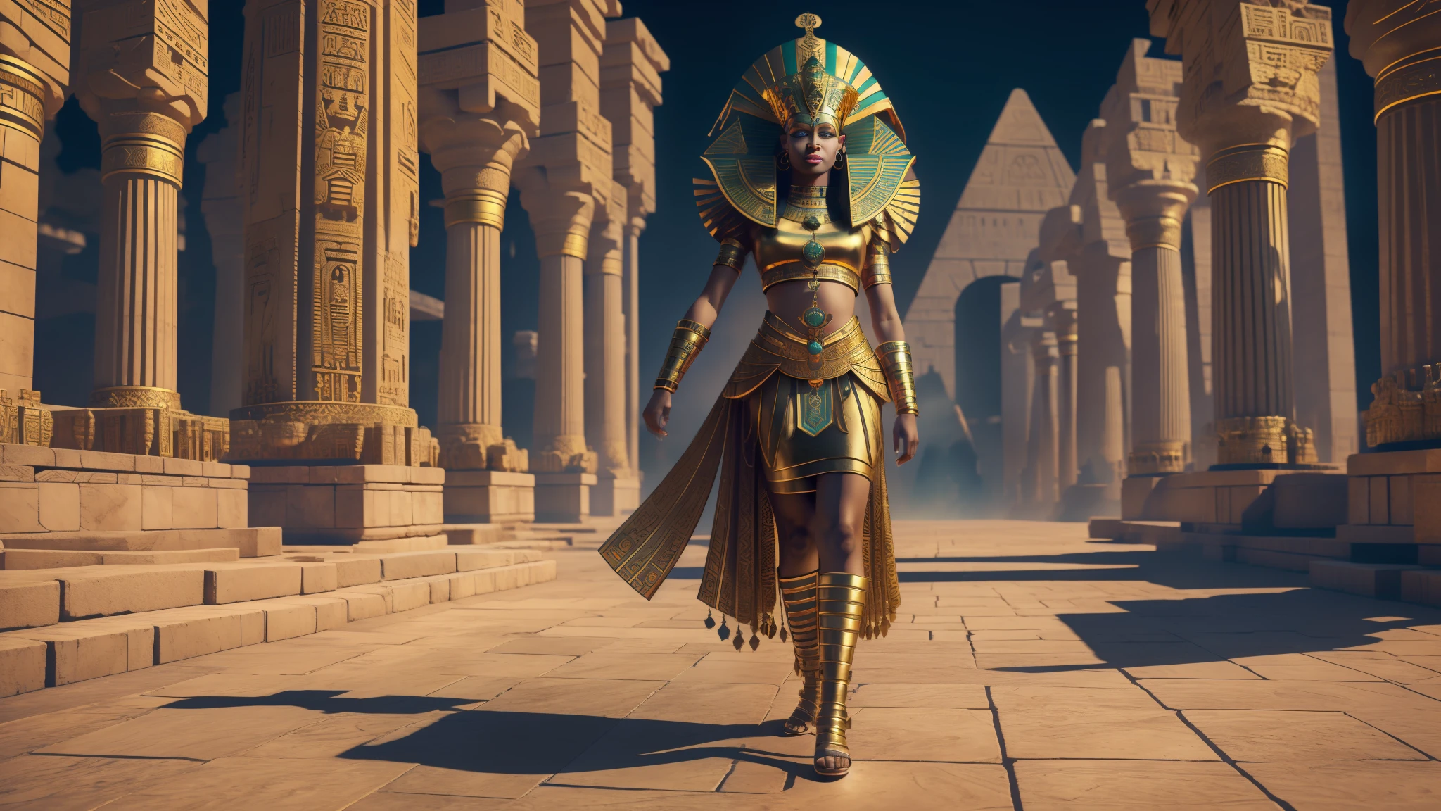 非洲裔女王克利奥帕特拉和埃及王冠, 以埃及帝国为背景，几位埃及神灵走在后面, 错综复杂, 房间, 光波, 全身照, 3D 建模, 运动模糊, 精灵表, 奥托克彩色, 医学核心, 分割照明, 8 位 --自动 --s2