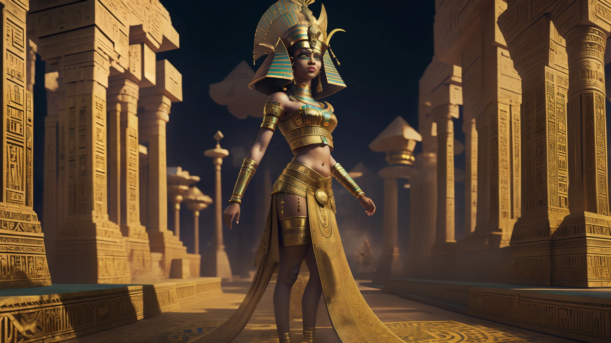 Afro queen cleopatra and egyptian crown, with the egic empire background several egicipian gods walking behind, intricate, Chav, Glowwave, full body shot, 3D modeling, Motion blur, sprite sheet, autochrome colors, Medicalcore, Split lighting, 8-bit --auto --s2