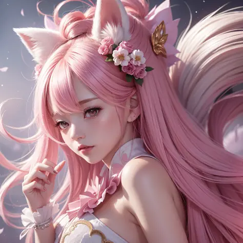 Nine snow-white fox tails (1.0), milky fox tail (1.0), fox close-up of nine tails, nine-tails, nine-tails, anime girl with pink hair and pink dress with flowers on her hair, very beautiful anime fox girl, beautiful anime fox girl, beautiful fantasy anime, ...
