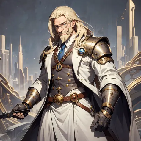 Courageous man, smiling, long blond hair, handlebar mustache and beard, muscular build, wearing a white steampunk lab coat armor suit, has a pair of goggles on his forehead, full body rendition, highly detailed, character art, DnD style, fantasy workshop b...