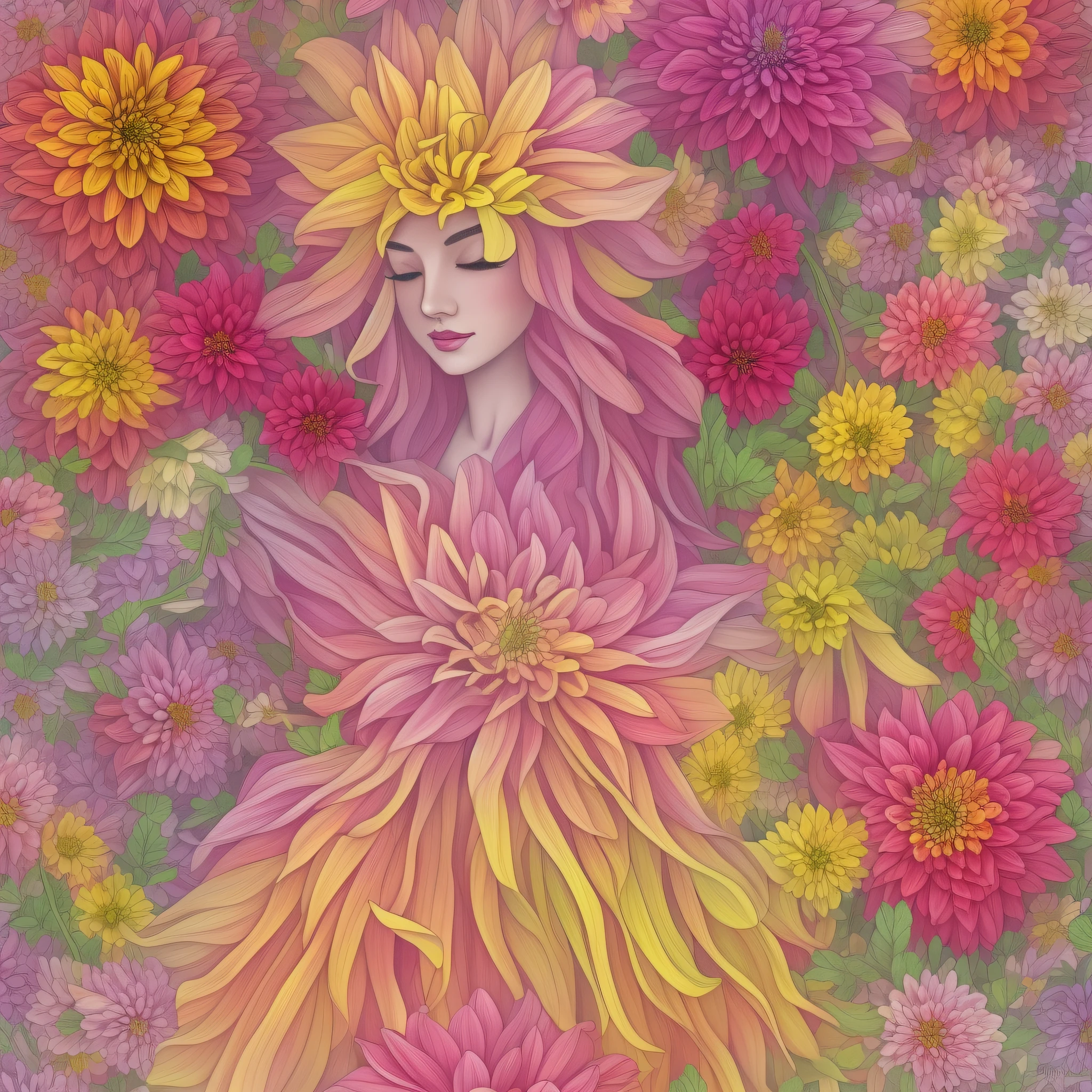 flowers, dahlia, 2d, art, art, drawing, drawing, colorful background, flying petals, petals --auto --s2