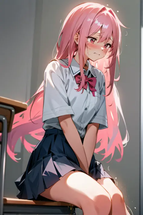 1 long hair, girl in school uniform, miniskirt, pink hair, looking away, sitting and spreading crotch, embarrassed, blushing, crying, mouth closed, classroom (girl leaking pee)