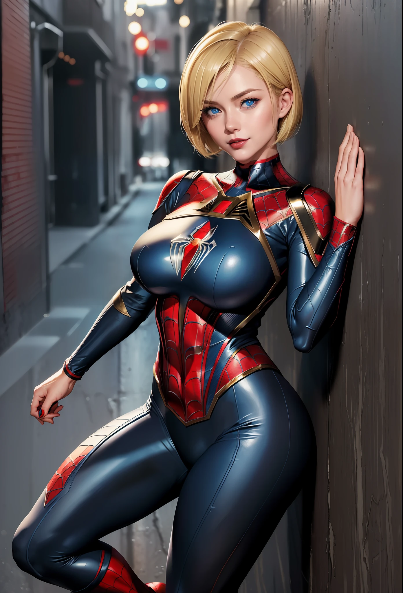 ((Full body photo)). Laura/woman/Chinese (big breasts:1.3) is standing, (Spider-Man/Ultraman hybrid costume with blue jewelry on the breastplate/extremely tight on the body/extremely exhibitionist:1.2)), wearing (red lipstick on the mouth:1.0), she's in a dark alley leaning against a wall, she's looking at the viewer, smiling, posing. She has (very short blonde hair, slick:1.5) and (blue eyes:1.5), Mortal Kombat, anime, framed, symmetry, 16k, best quality, super detail, textured skin, UHD