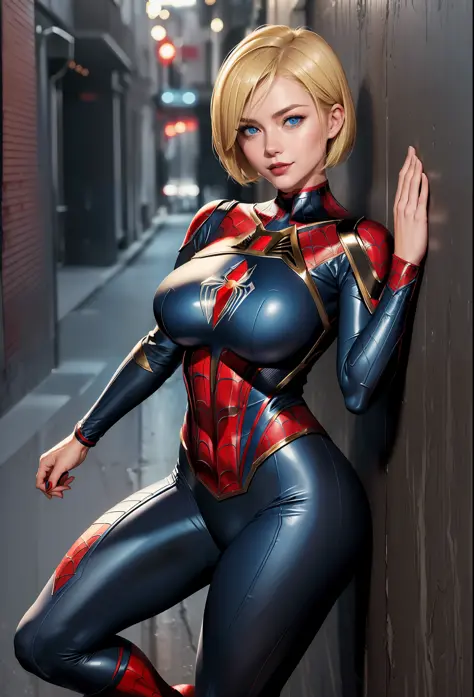 ((Full body photo)). Laura/woman/Chinese (big breasts:1.3) is standing, (Spider-Man/Ultraman hybrid costume with blue jewelry on...