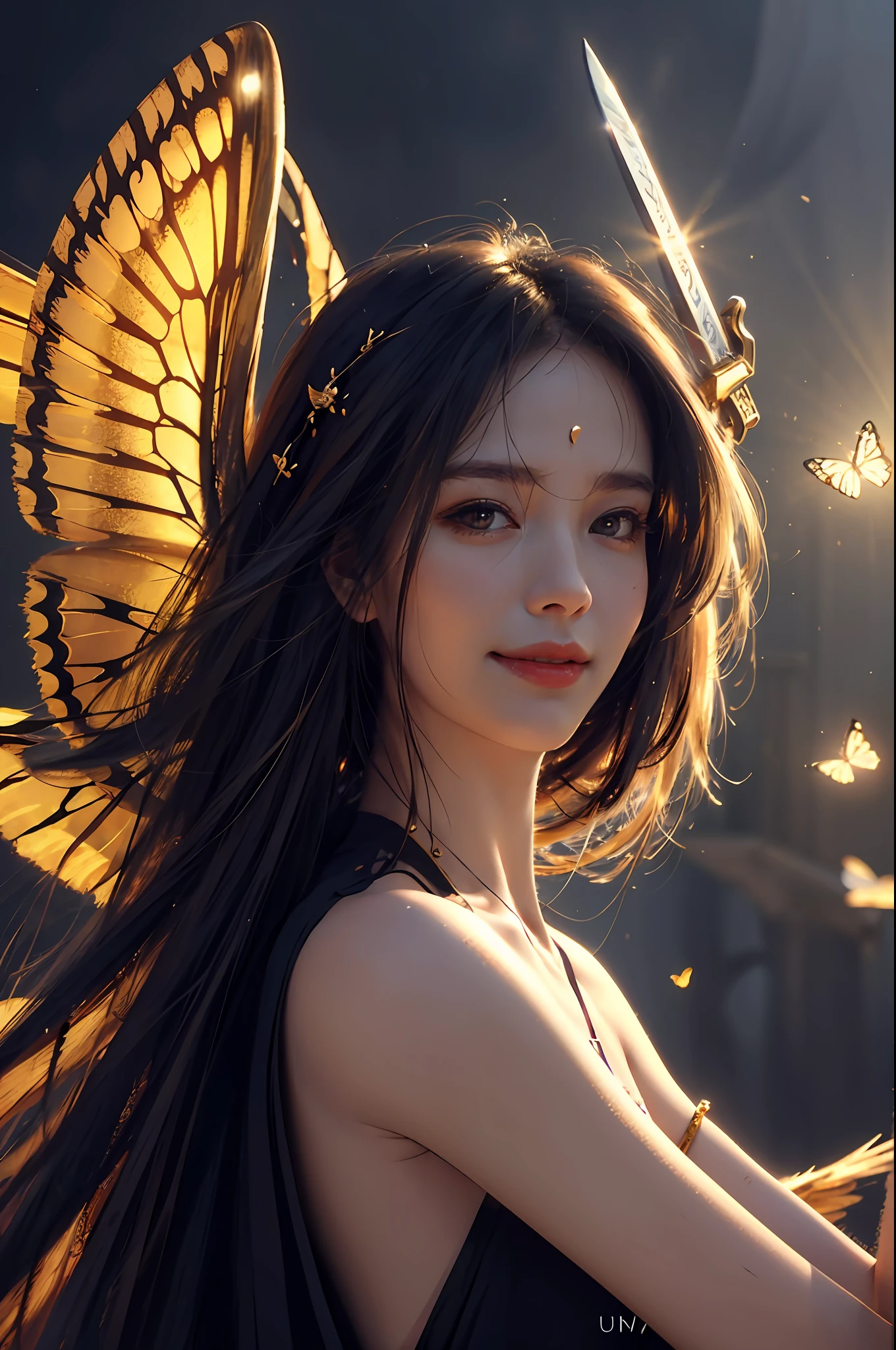 (RAW Photo, Best Quality), (Realistic, Photorealistic Real: 1.3), Best Quality, Highly Detailed, Masterpiece, Hyper Detail, Illustration, 1 Girl, Smile, Elder on Back A Pair of Golden Butterfly Wings, Fairy, Black Hair, White Hanfu, Wield a Swords, upper_body, Dynamic Angle, World Mastery Theater, Flying Long Hair, Fluores cent Red, Dynamic Fire inbackground, best quality, extremely detailed CG unified 8k wallpaper, ink, amazing, cinematic lighting, lens_flare, wuxia_style