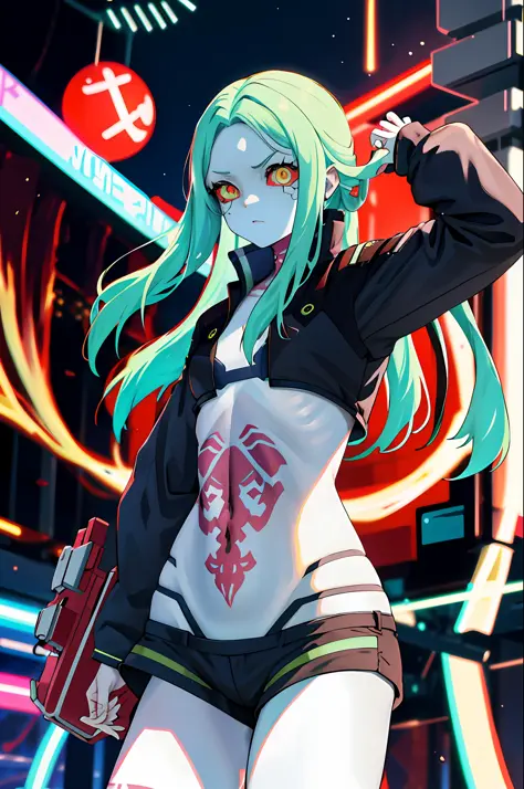 masterpiece, best quality, highres, 1girl, sexy Mecha Oni Girl\(cyberpunk\), solo, long hair, mechanical eye, colored sclera, red sclera, colored skin, white skin, leg tattoo, neck tattoo, green hair, long hair, small breasts, underwear, tusk, red pupils, ...