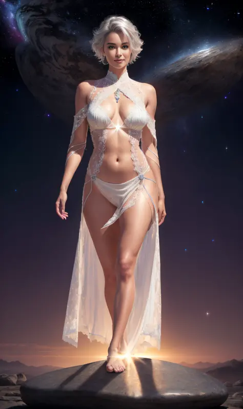 Masterpiece, (((full figure))) entire body in frame, (((magical lighting))) (((beautiful seductive smile sexy anorexic white woman standing on stone cosmic galaxy floor ))), ((( silver lace intricate tunic))) , (((short white hair))) sunset lighting, golde...