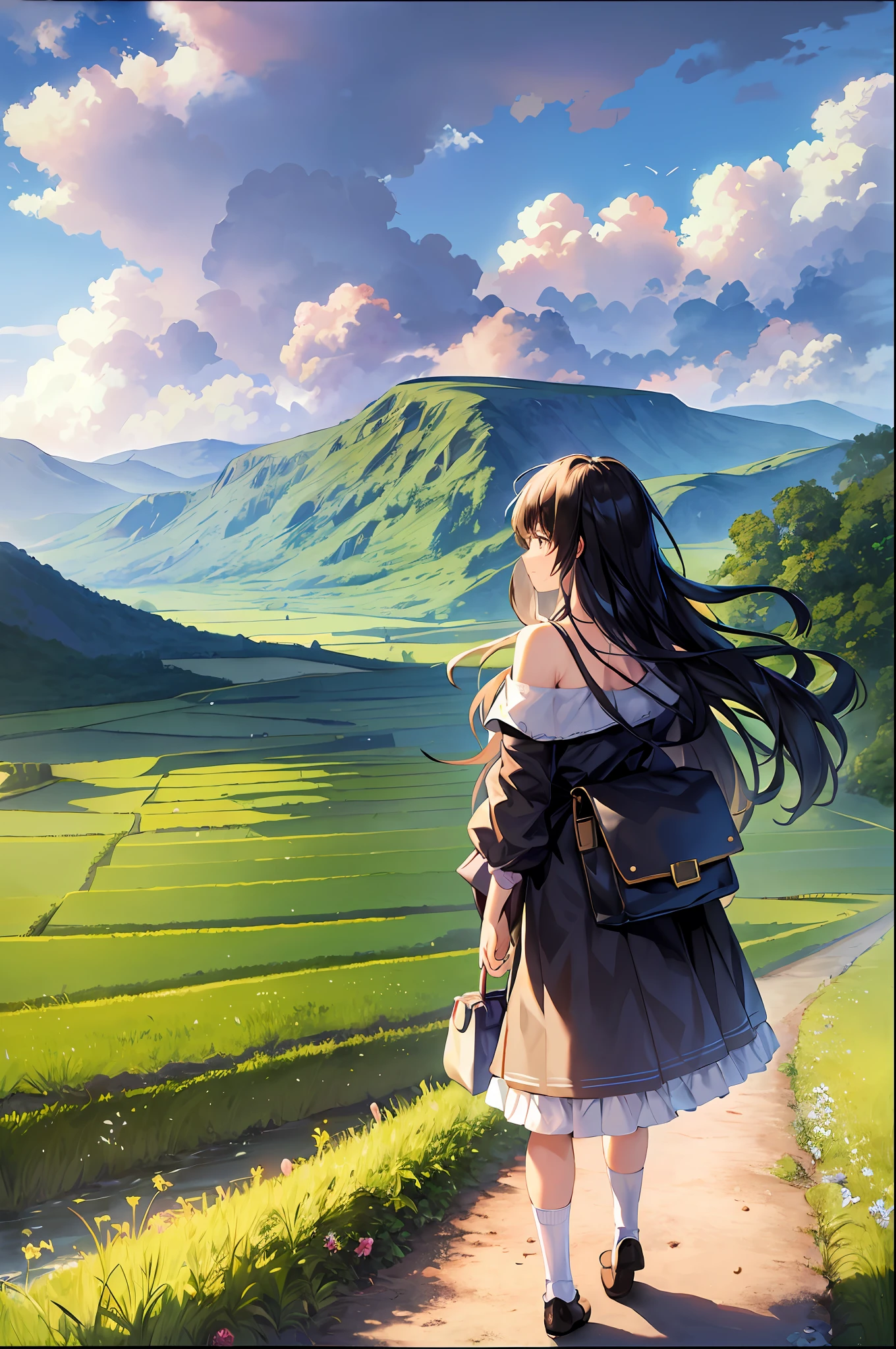 masterpiece,highres,extremely detailed CG unity 8k wallpaper, best quality, ultra-detailed, (best shadow), woman, mature, landscape,flower, off-shoulder dress, long hair,adjusting hair,floating hair,meadow, sunlight,day,cloudy sky,standing,castle,((from behind)), vanishing point ,field, rural, rice paddy,looking at landscape, panorama,overlook,socks,(high contrast:0.8),(((distant view))),blurry foreground,shoulder bag,