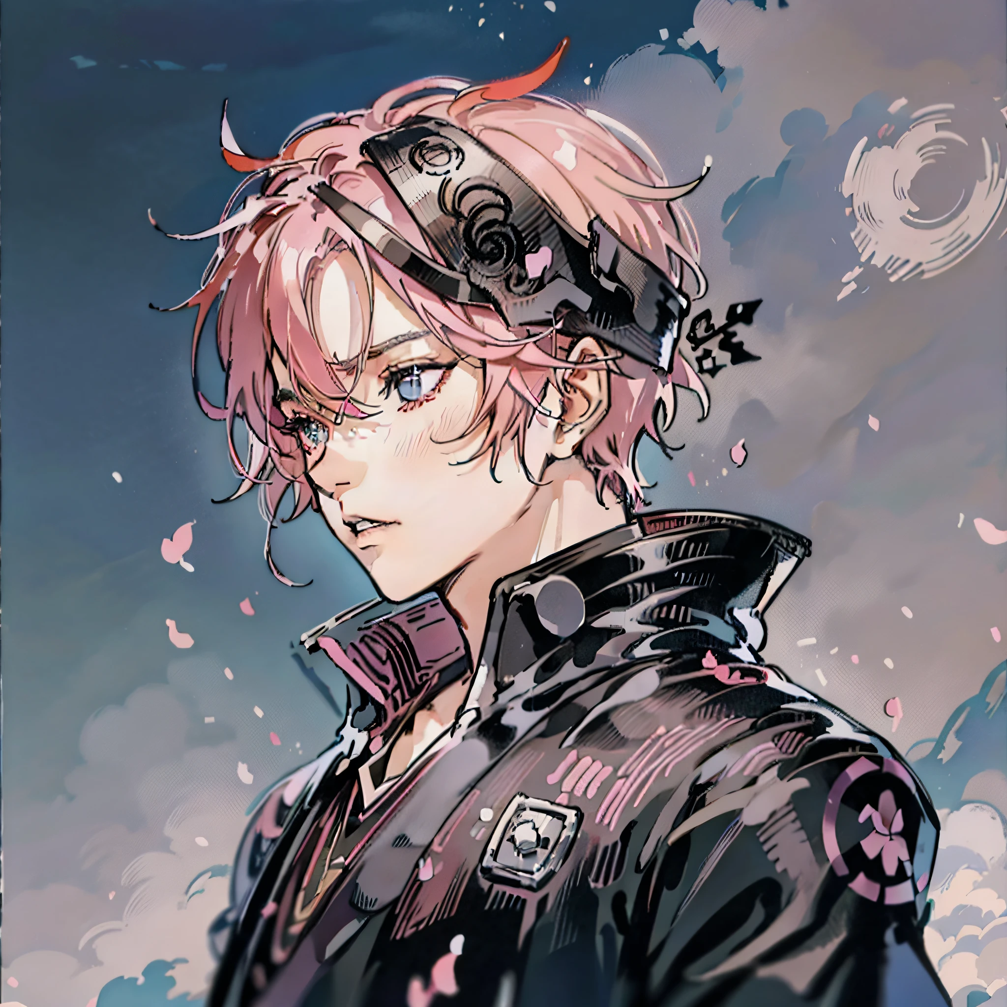 Anime menino cabelo rosa fantasia preta retrato busto, bandana preta, olhos cinzentos, best anime, badass anime, macho, arte de anime de alta qualidade.