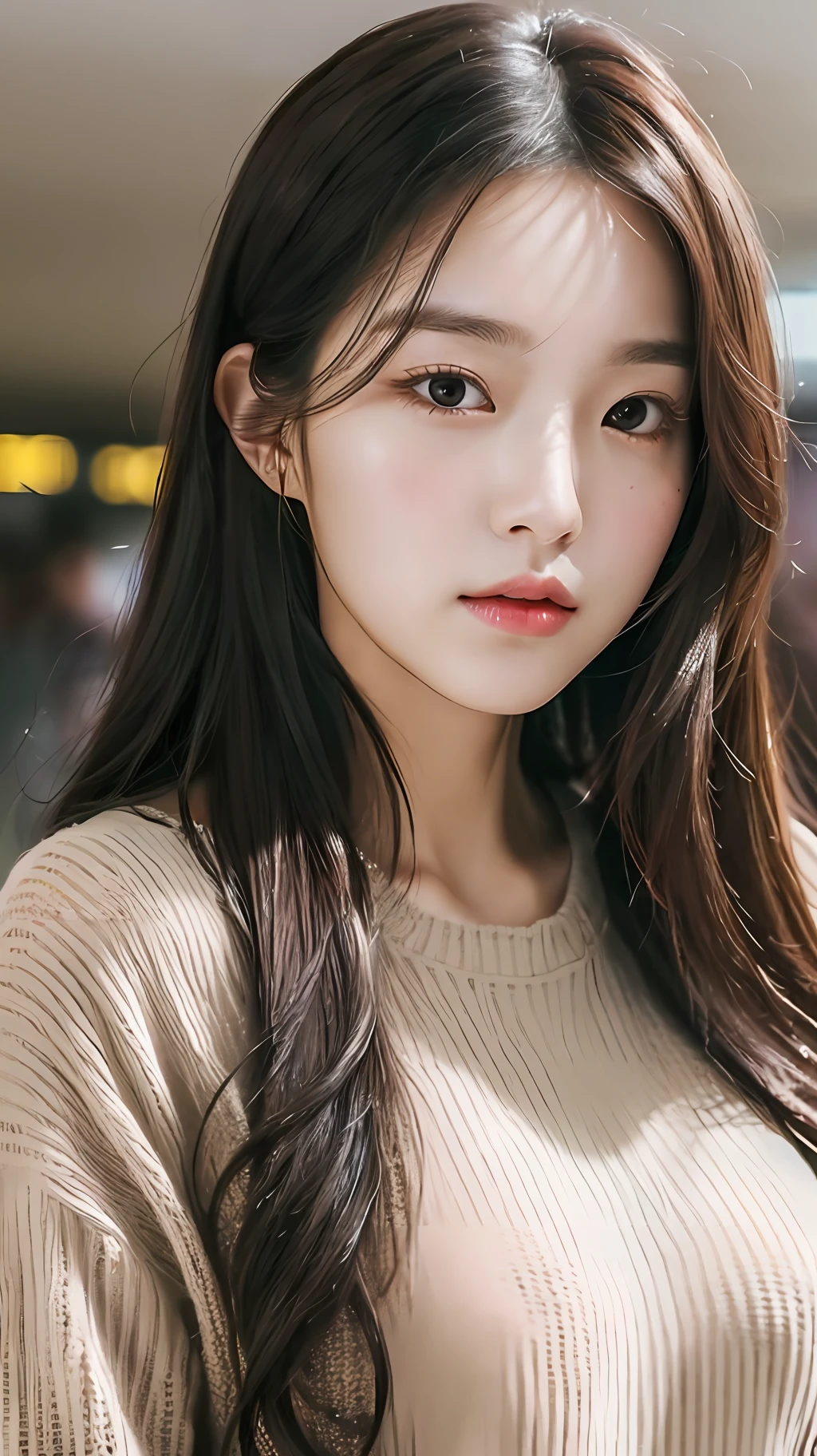 realistic photos of (1 cute Korean star) low-tied long hair, thin makeup, medium breasts size, wearing sweater in the airport, hatching (texture), Eye-Level Shot, depth of field, chiaroscuro, UHD, best quality, 16k