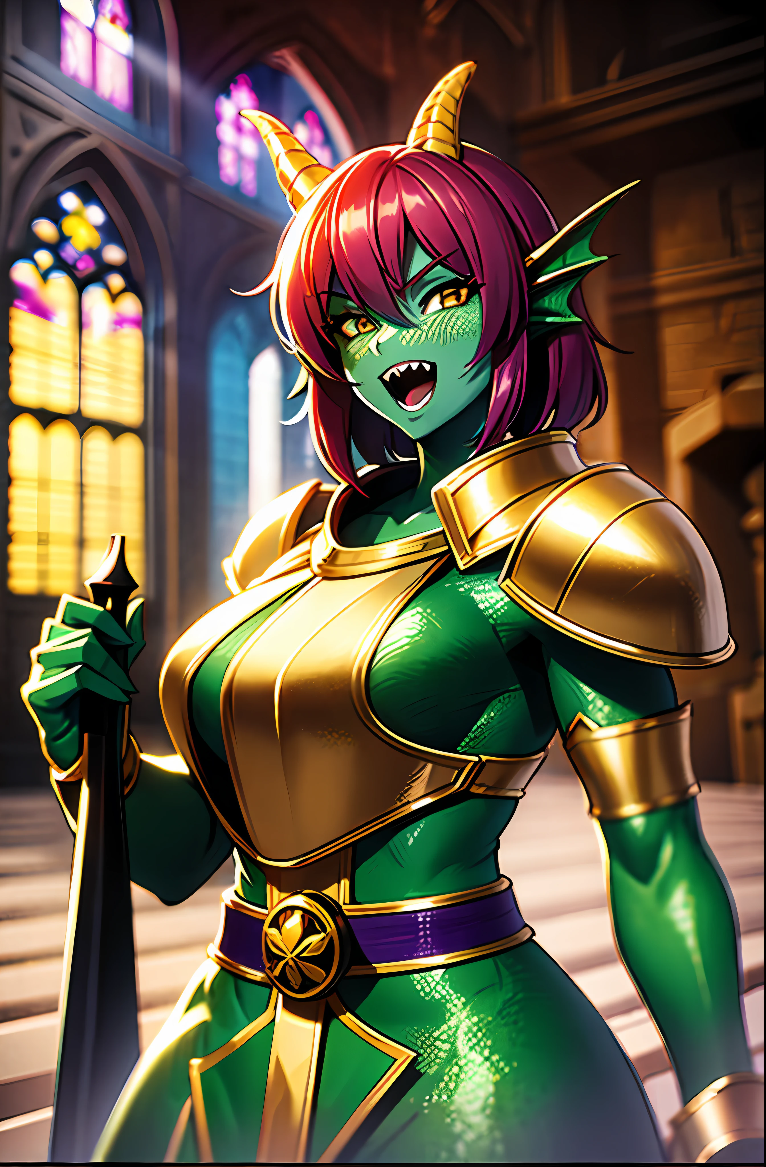 Anime dragon girl, reptile, green skin, scales on the body, green reptile hands, black armor with gold border, purple robe with gold border, combat belt, red hair, yellow eyes, reptile ears, black helmet with gold border on the head, belligerent look, open mouth, holding a steel sword in hands, warrior, victorious, bold, inside the church on the background, beautiful colors, rich colors, beautiful color, back light, 4k, 3d