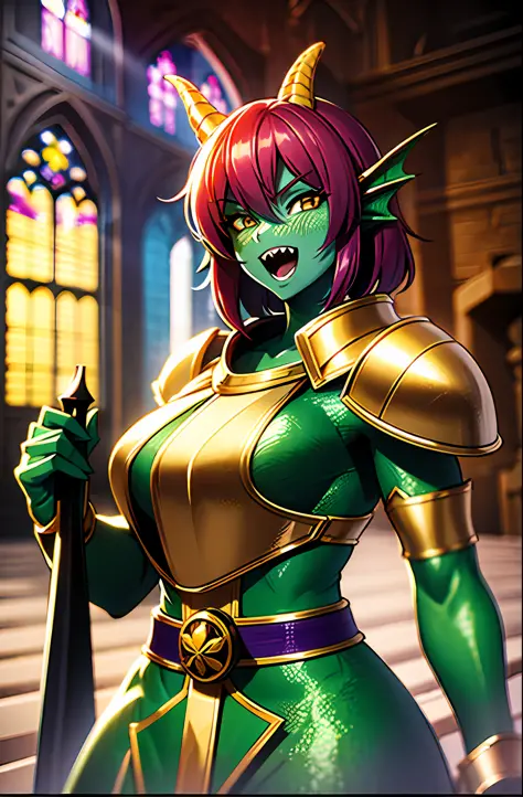 Anime dragon girl, reptile, green skin, scales on the body, green reptile hands, black armor with gold border, purple robe with ...