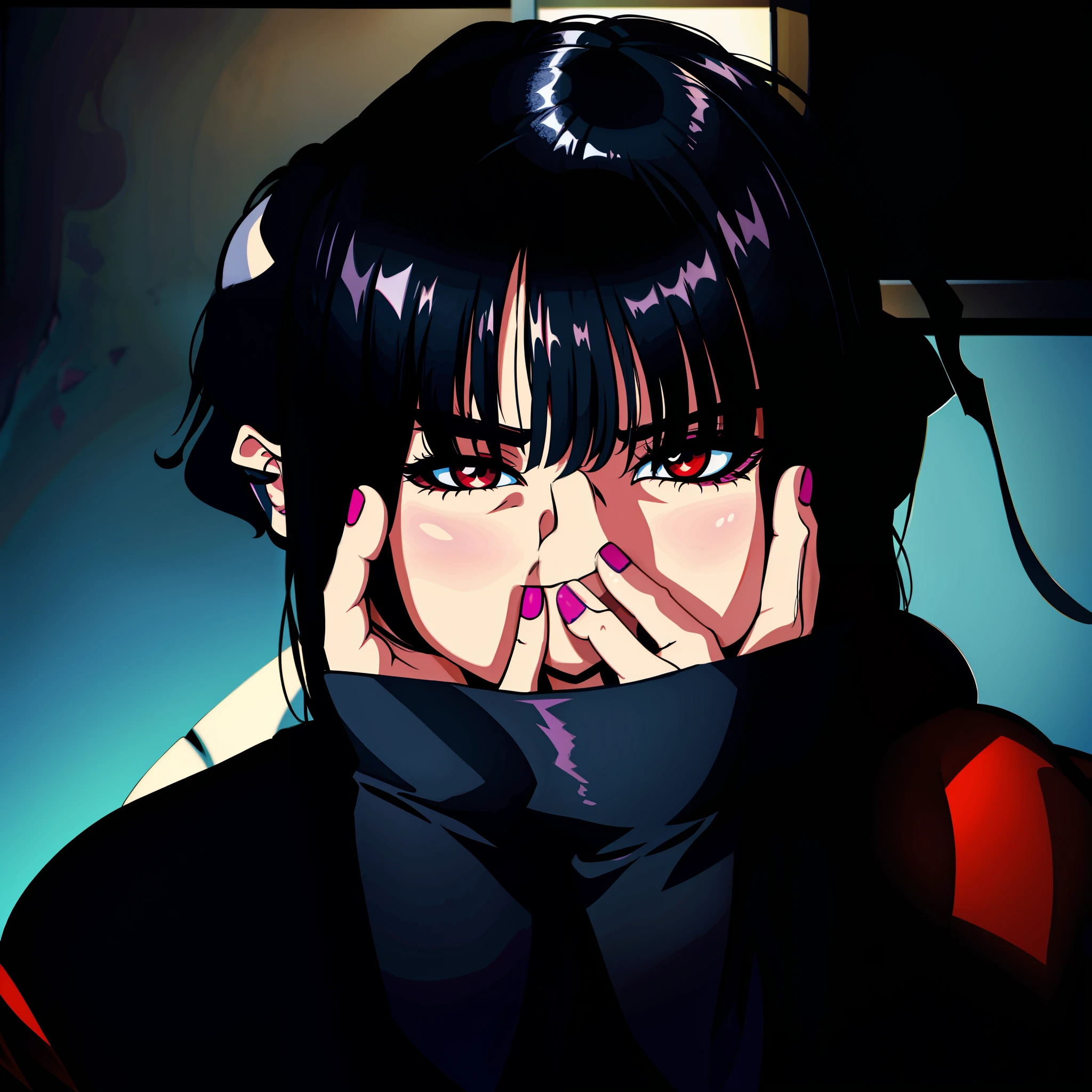 Anime girl with black hair and purple nails smoking a cigarette - SeaArt AI