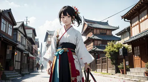 absurd, High Definition, Ultra Detailed, (Girls: 1.3), Hand-painted, Simple lines, An 18-year-old girl dressed in colorful Hanfu, Walk the streets, Masterpieces, Overcast days, Girl holding sword, The sword is dripping blood, The girl had an indifferent ex...