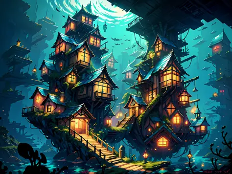 Color (Fantasy: 1.2), (Hayao Miyazaki style), (irregular building floating under the sea), patchwork houses, moss decorations, coral, lights, concept art inspired by Andreas Rocha, Artstation contest winner, fantasy art, (cyberpunk underwater city), ross t...