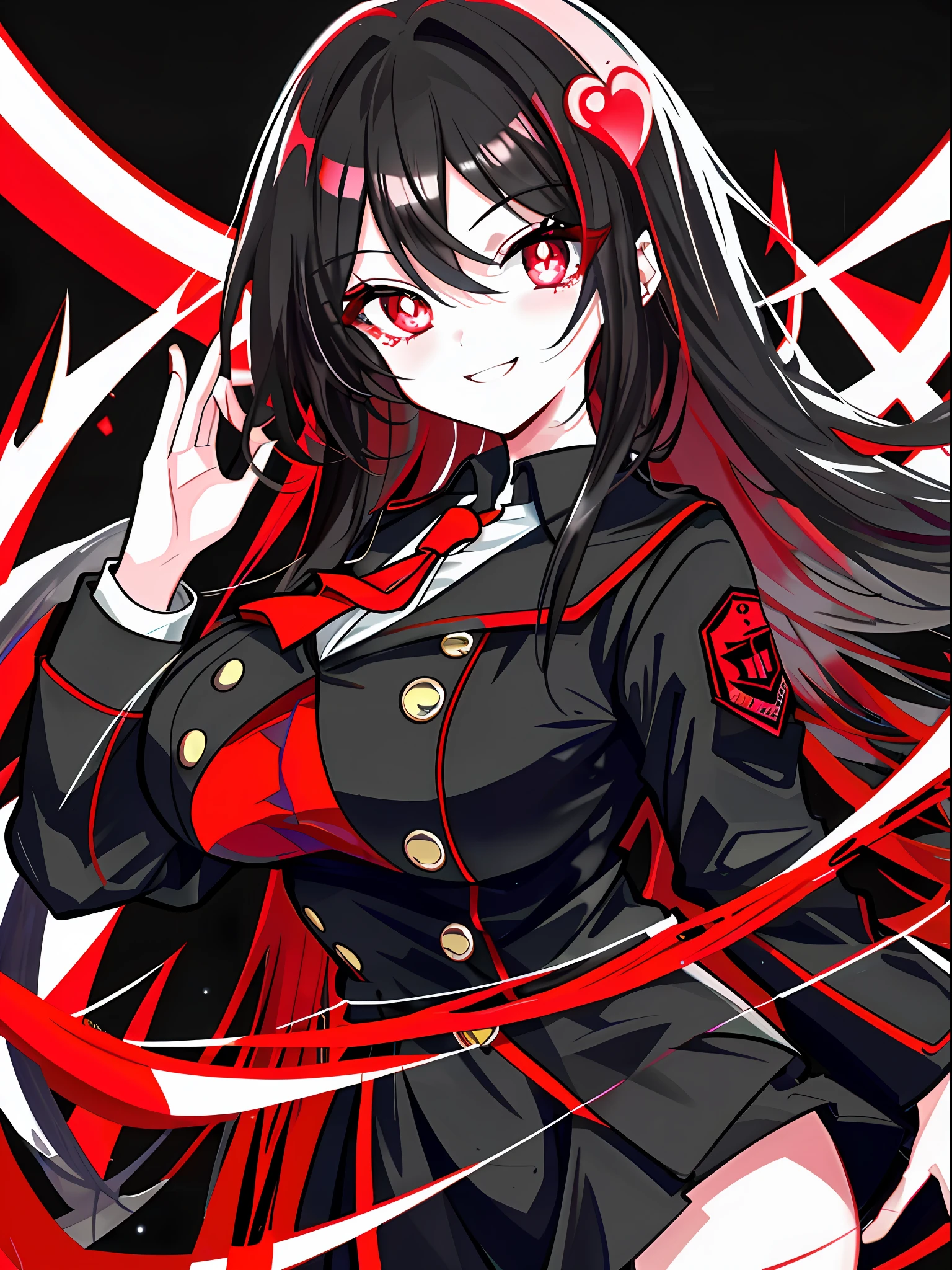 Bright red eyed girl staring at the viewer with wide eyes, black hair, black high school girl outfit, heart pupils, yandere, smile, anger, mature, big boobs, elaborate background