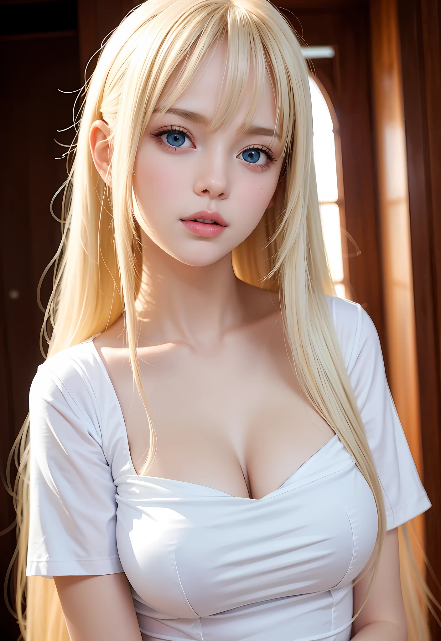 Sexy and very beautiful face, big breasts, shiny shiny white glossy skin, long bangs between eyes, shiny beautiful silky platinum blonde, super long straight silky hair, beautiful 14 years old, beautiful cute light blue eyes close to white, beautiful and nice cute girl, baby face, short sleeve shirt