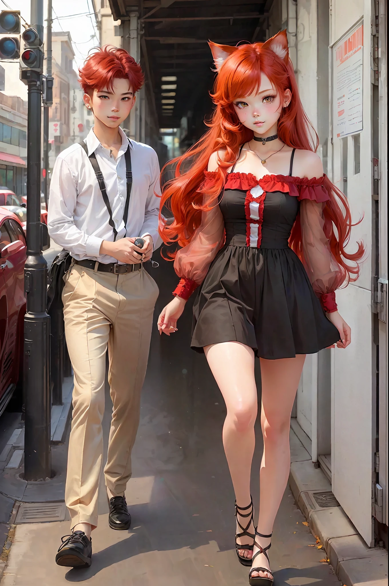 There are two people walking down the street with red hair - SeaArt AI