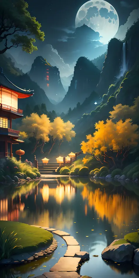 Chinese Painting Illustration 1.0 style, the best quality and the most exquisite picture quality 8K-CG, presenting Chinese style, floating islands, waterfalls, moon, flowing water, green mountains, night scenes, ancient pavilions, lotus pond moonlight and ...