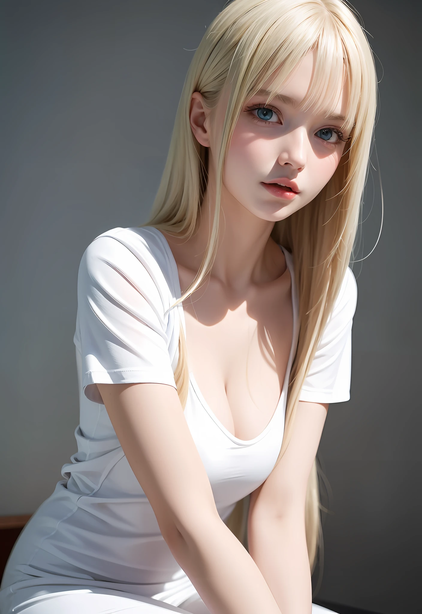 Sexy and very beautiful face, slightly larger breasts, shiny shiny white shiny skin, long bangs between eyes, shiny beautiful silky platinum blonde, super long straight silky hair, beautiful 14 years old, big beautiful cute light blue eyes close to white, beautiful and nice pretty girl, baby face, short sleeve shirt