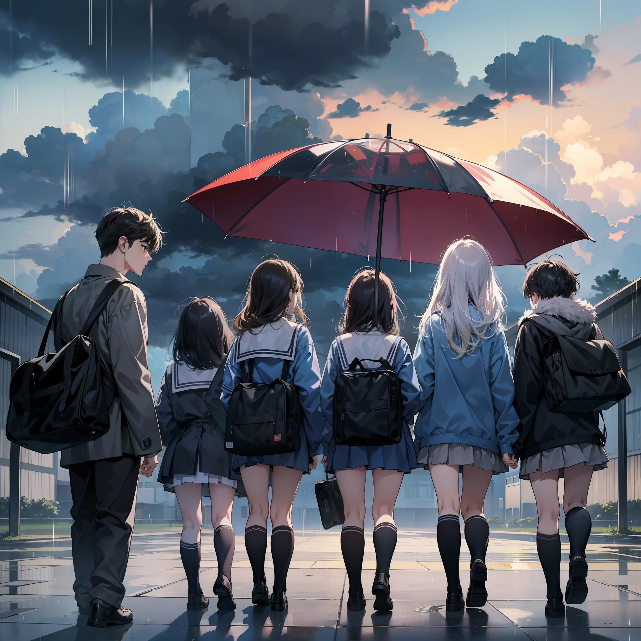 Filles d'anime debout sous la pluie avec des parapluies à la main -  SeaArt AI