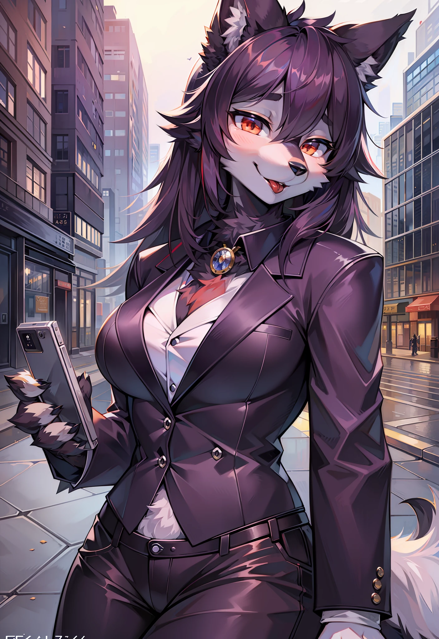 (furry art, uploaded in e621:1.4), (masterpiece:1.3), (best quality:1.2),(2D:1.0), (anime:1.0), (illustration:1.0), (light_environment), (city), (impasto:1.1), (ultra-detailed:1.0) (1girl, solo), black, (anthro furry:1.6), (anthro_female_wolf:1.2), (black fur:1.8), medium chest, tuxedo, long pants, top pov, ((red lips)), holding an iphone in his left hand