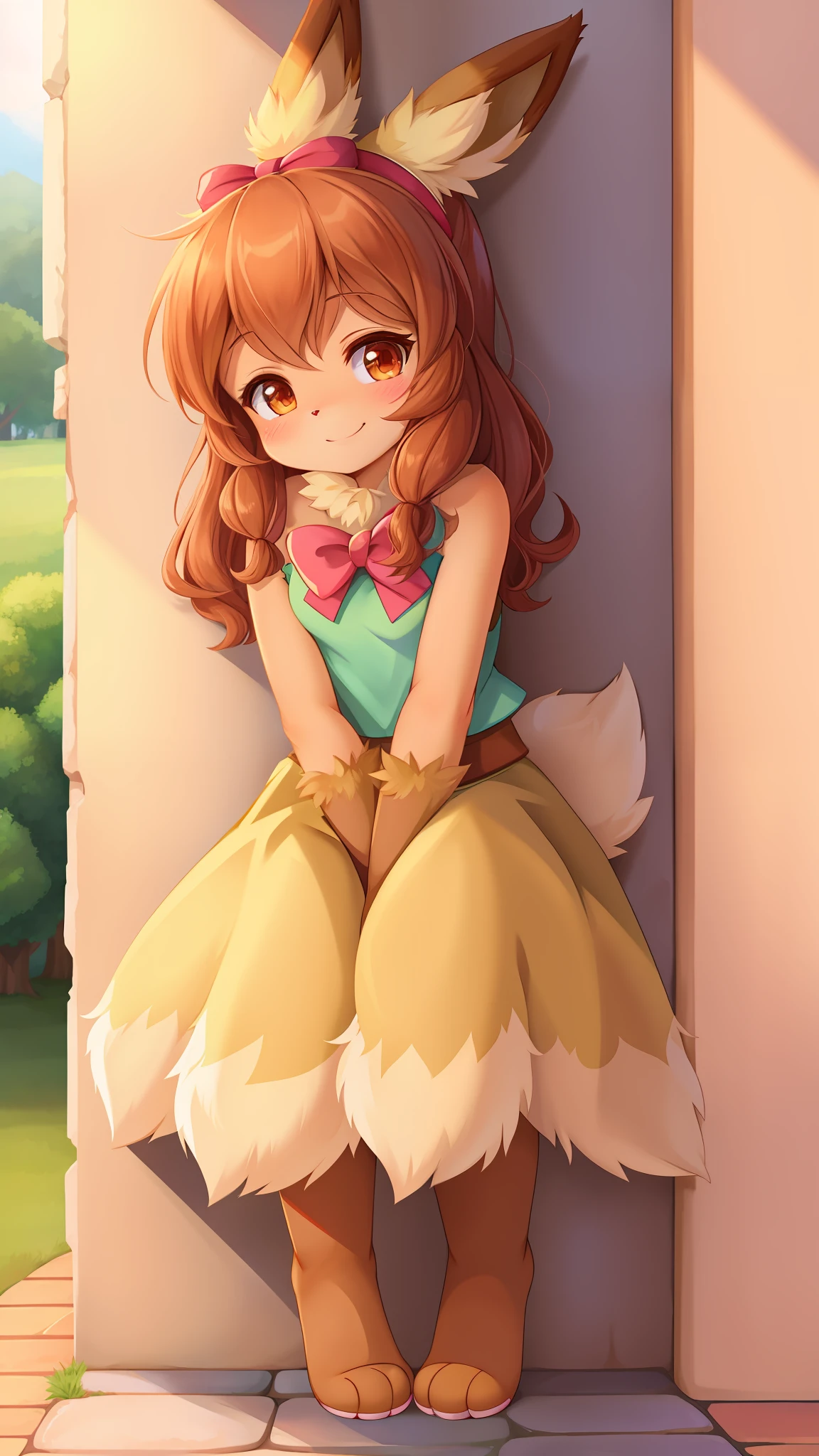 pokekid, eevee, fluffy girl, furry girl, female, smile, smiling, has a big pretty bow in her hair, has animal paws for hands, 1girl, best quality, outdoors, high definition, cute, stuck in wall