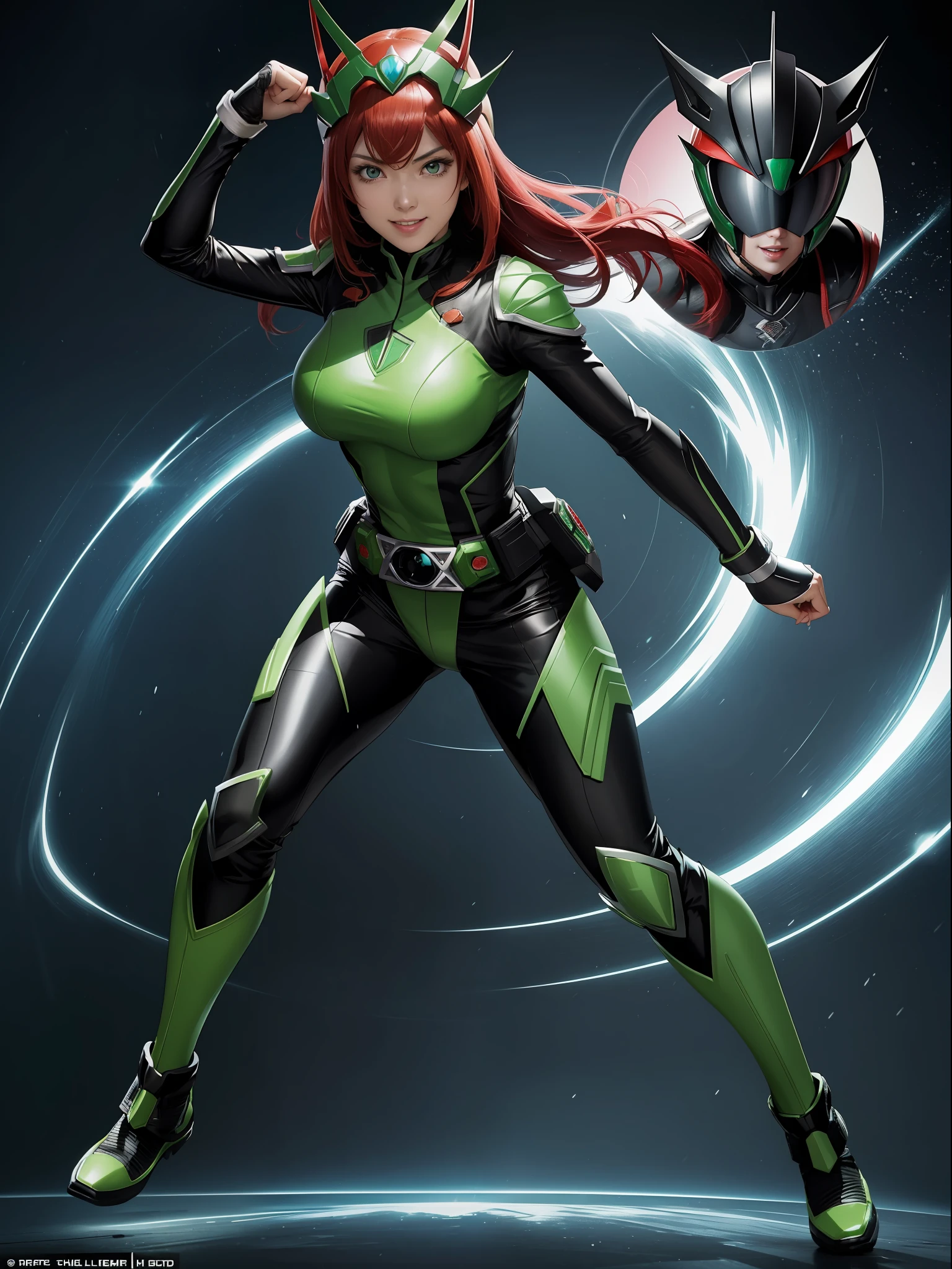 A woman in a green and black suit with a red hair - SeaArt AI