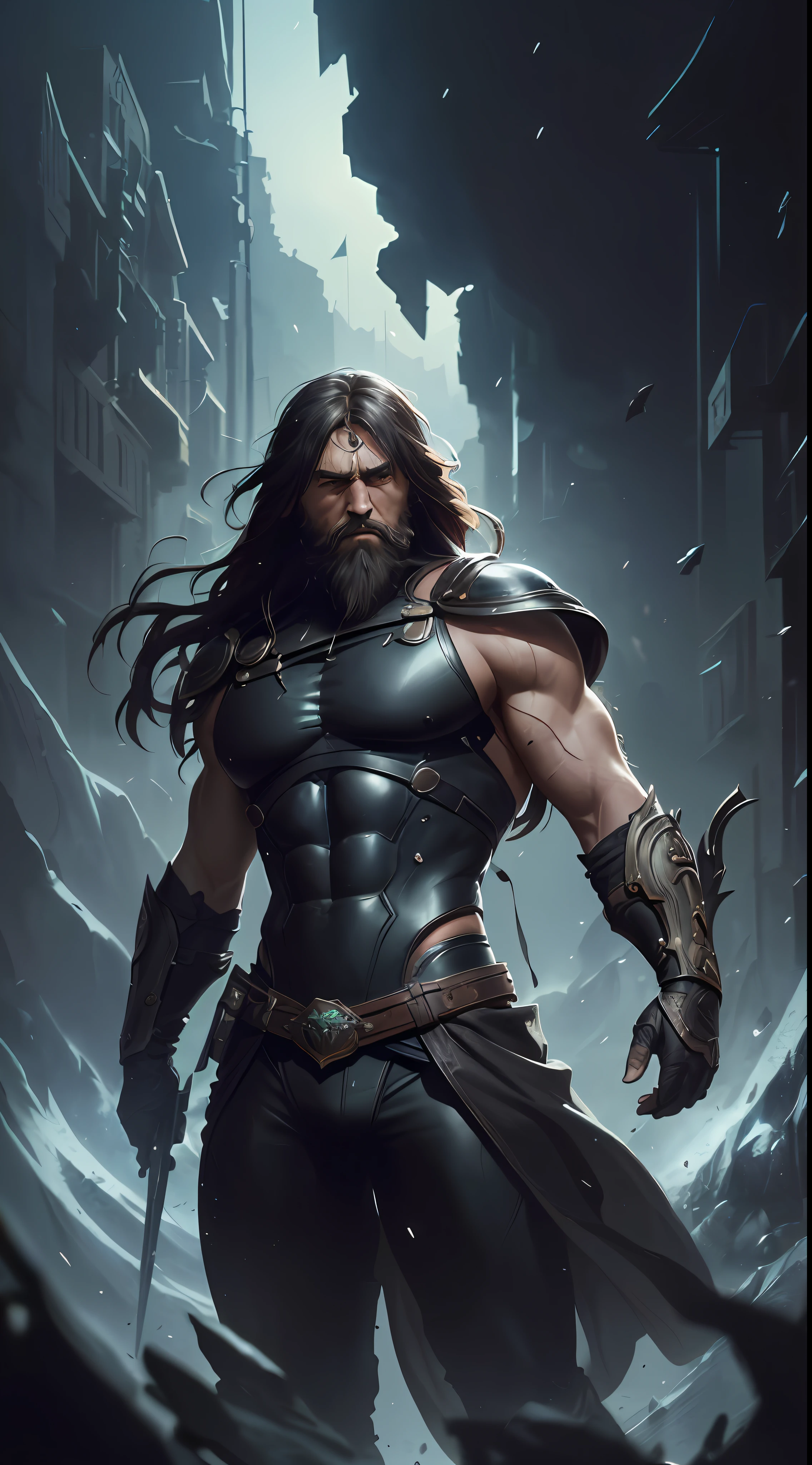 photo of the most beautiful artwork in the world featuring a soft and lustrous male hero, ((epic heroic fantasy, muscular men, stout, wounded hero, angry look with long hair and long beard and fierce appearance in a dynamic posture, fantastic location, majestic cluttered environment)), full body 8k unit rendering, action photo, skin pores,  Very dark lighting, heavy shadows, detailed and detailed face, (vibrant, realistic photo, realistic, dramatic, dark, sharp focus, 8K), (weather-damaged old and worn leather clothing: 1.4), (intricate: 1.4), decadent, (highly detailed: 1.4), digital painting, octane rendering, artstation, concept art, smooth, sharp focus, illustration, art by Artgerm, (Loish: 0.23), Wlop Ilya Kuvshinov, and Greg Rutkowski and Alphonse Mucha Gracias,  (global lighting, studio light, volumetric light), heavy rain, floating particles