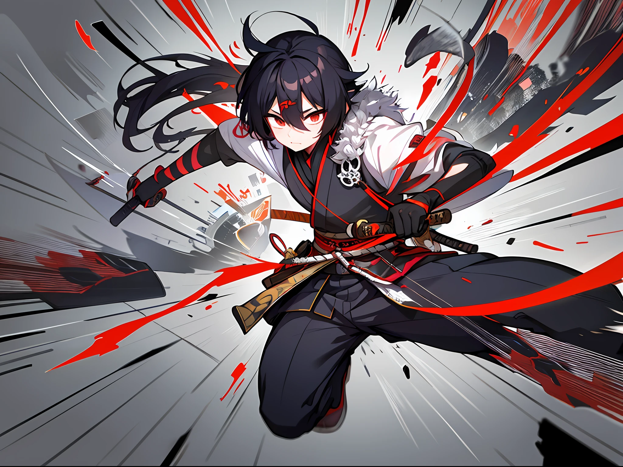 Anime anime girl with black hair and red eyes running through a burst of  blood - SeaArt AI