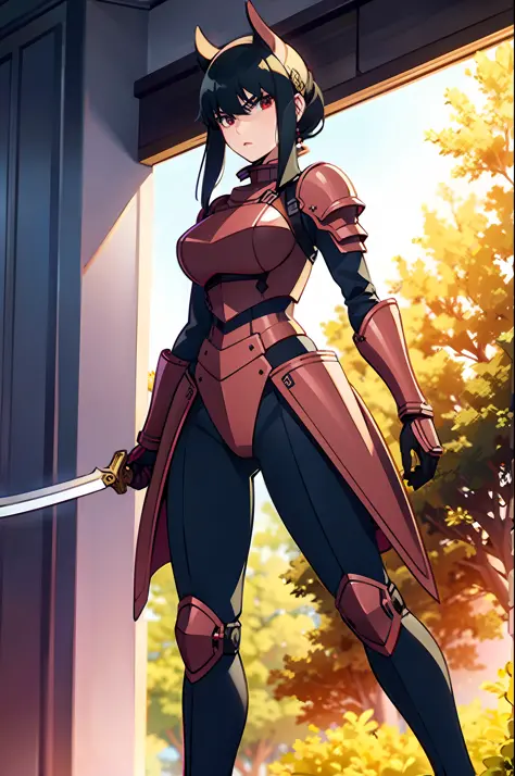 1girl, short hairstyle, red eyes, black hair color, dragoon armor from final fantasy, full body, ultra high quality, best quality, masterpiece, cowboy shot, looking at viewer, holding sword in right hand, (full body plate armor), fierce look,