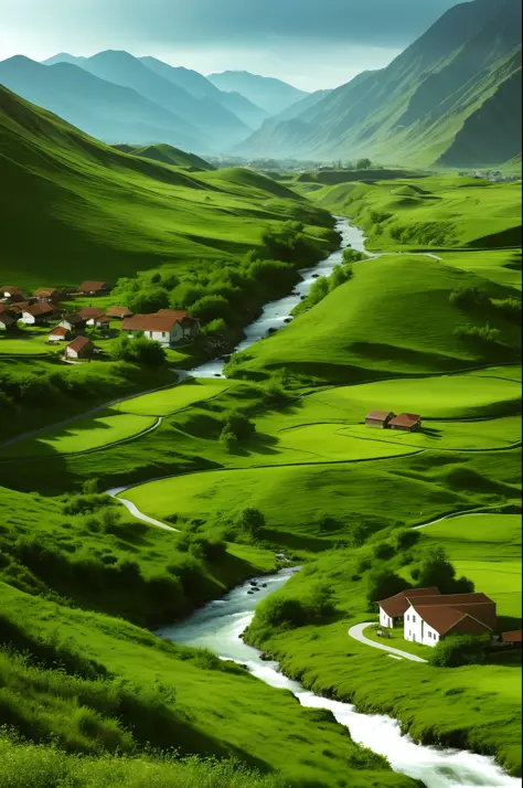 green valley with a stream in the center of the image and around it, white houses. create a scene with a nostalgic feel, detaile...