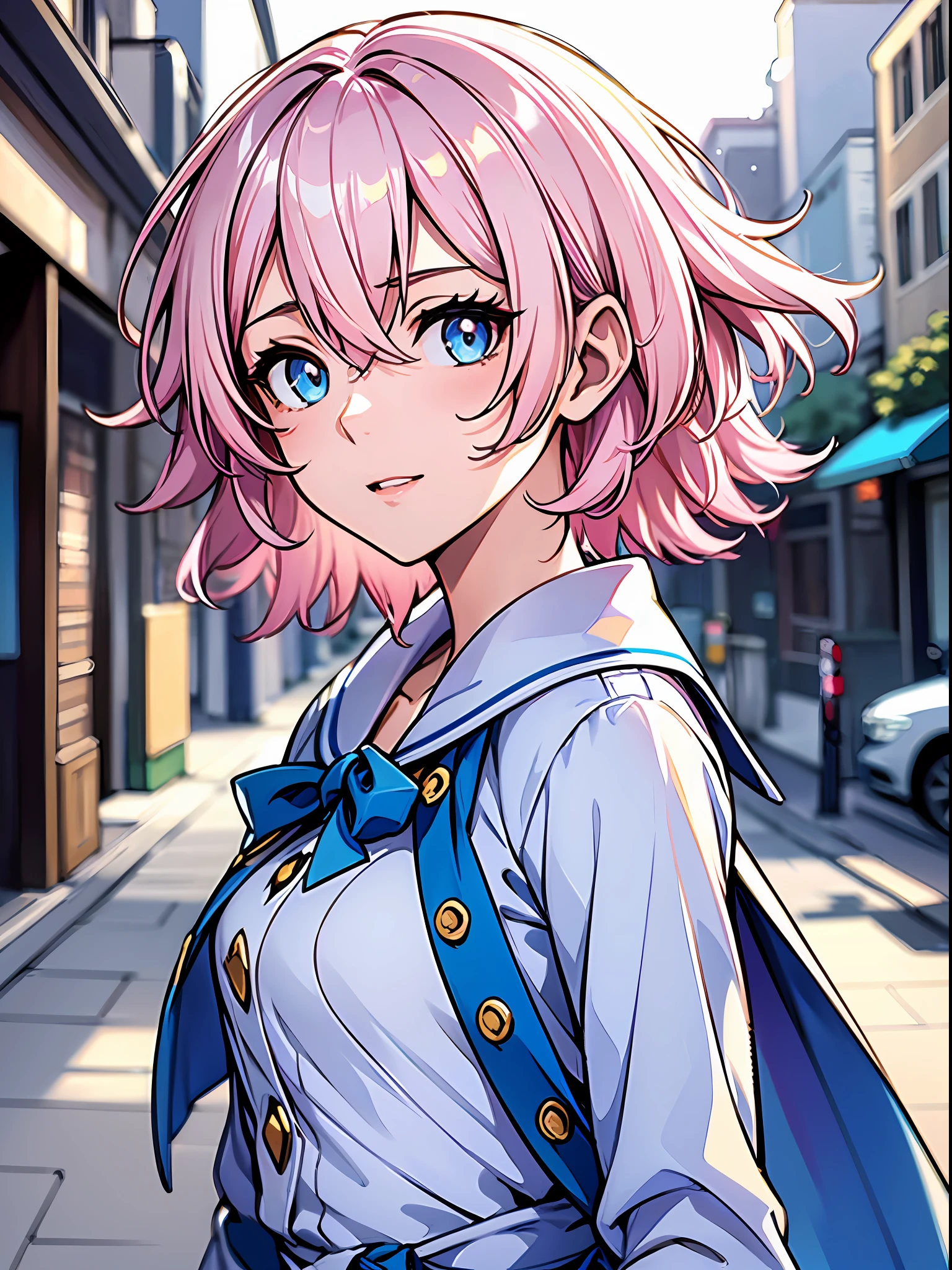 Exquisite masterpiece, best quality, illustration style, an anime girl with pink hair, short hair, city street, sweet expression, powder blue gradient eyes, small, casual dress, white dress with blue jacket, hem blown by the wind, youth and beauty, dynamic posture contains the golden section, large aperture portrait, picture white, strong contrast between light and shadow, super texture, super clear and concise picture, presenting extremely beautiful, elegant temperament, diverse delicate facial expressions, background blurring